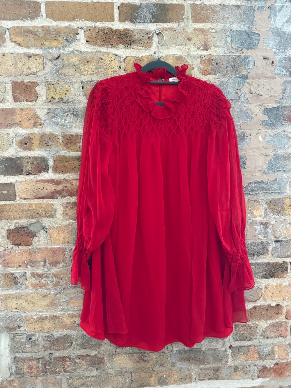Rebecca Taylor Red Smocked Ruffle Keyhole Tunic